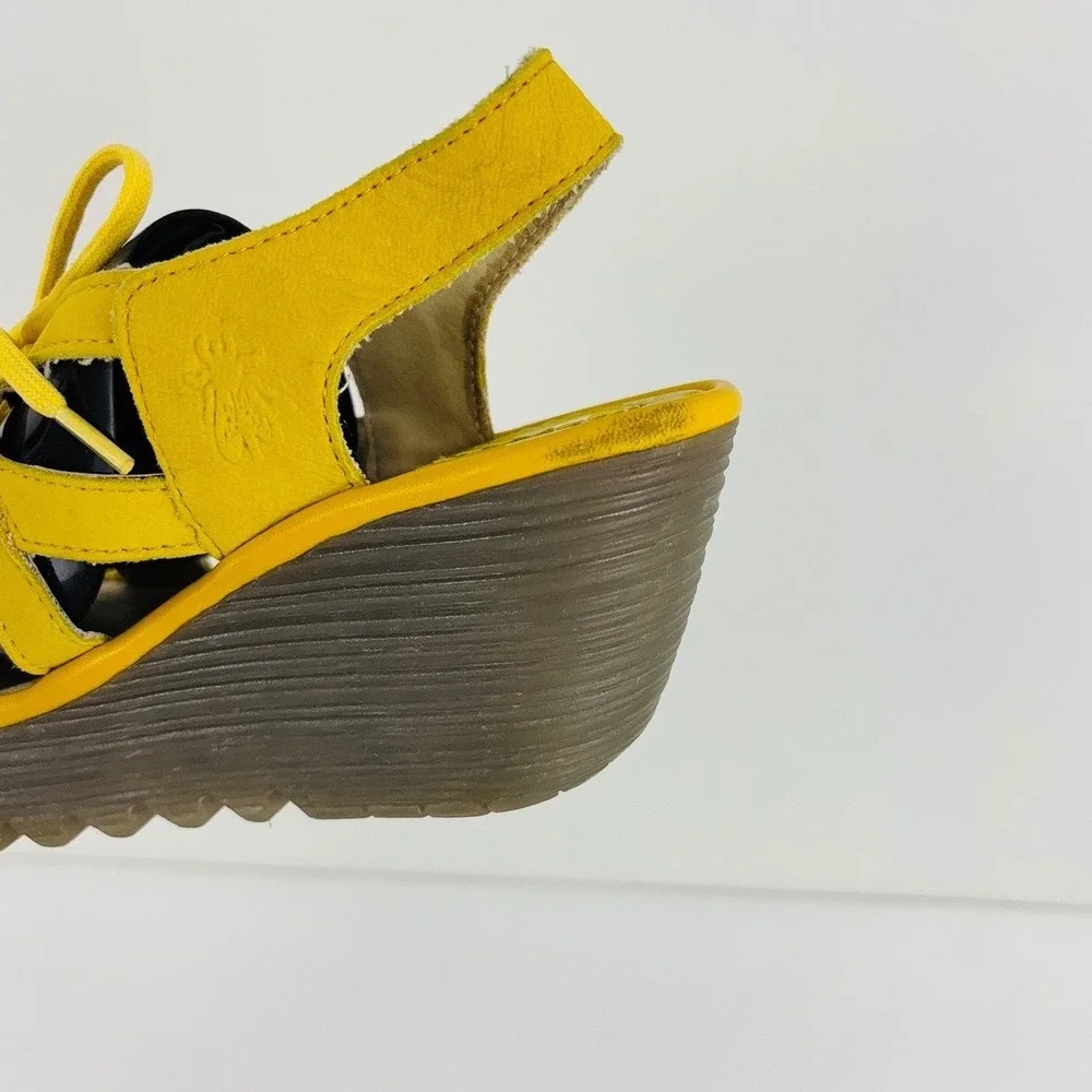 Fly London Yapi Lemon Yellow Leather Lace up Wedge Sandal‎ Sz 6 (36)